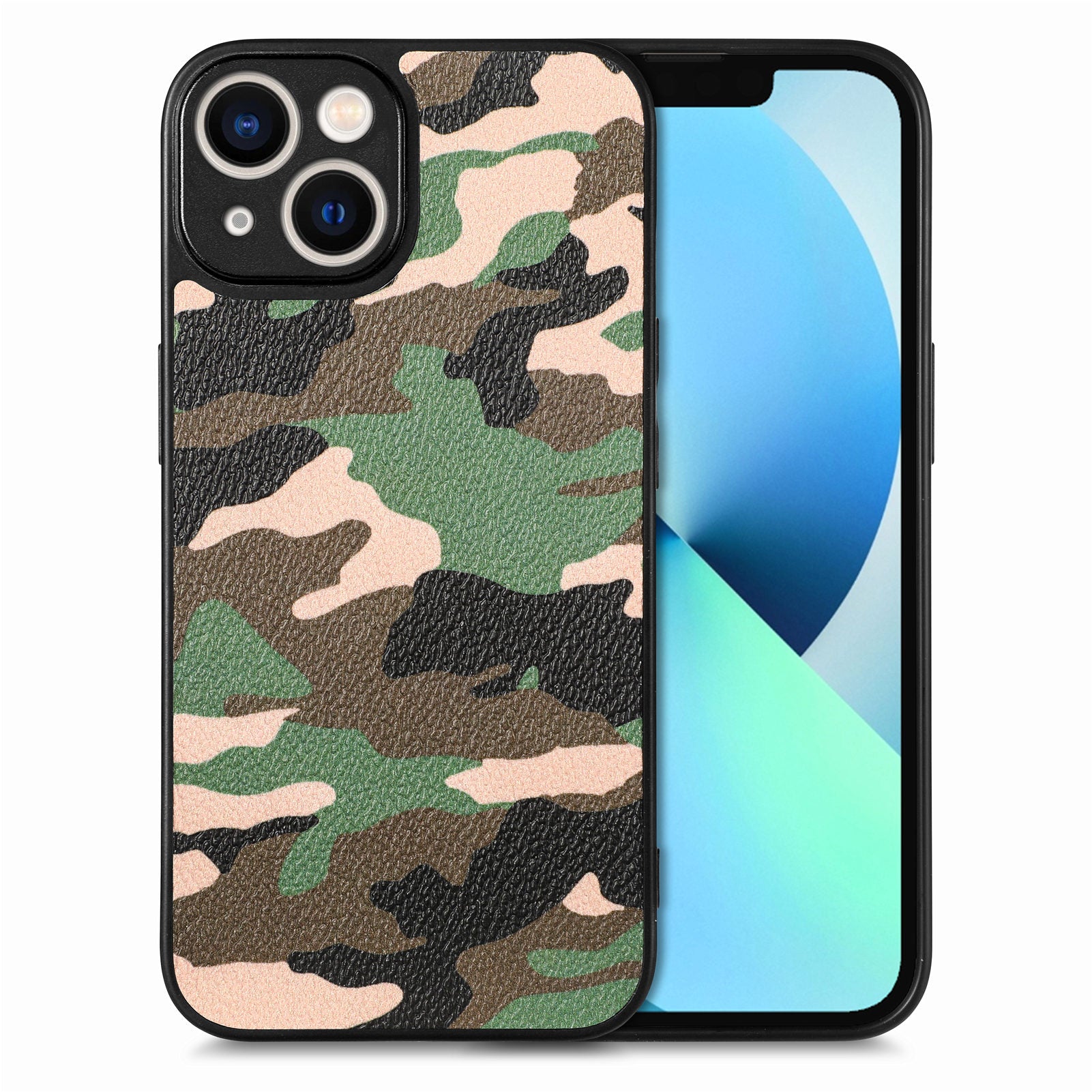 Camouflage Pattern Cell Phone Case for iPhone 13, PU Leather Coating PC+TPU Protective Cover - Yellow Camouflage Pattern Cell Phone Case for iPhone 13, PU Leather Coating PC+TPU Protective Cover - Yellow